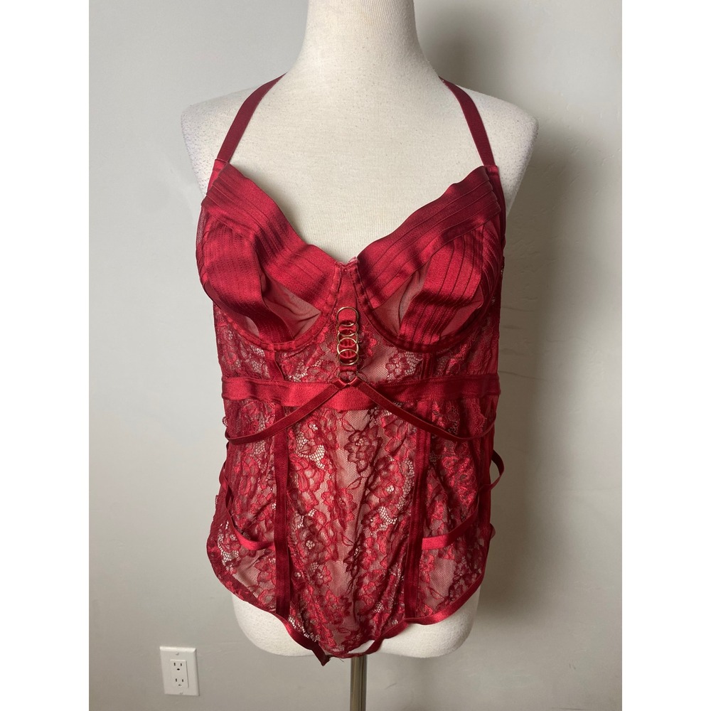 Torrid Curve Red Lace Satin Cage Bodysuit Halter Strappy Lingerie Size 1